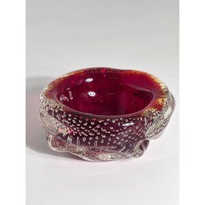 Vintage Murano Style Cranberry Red Art Glass Bowl With Controlled Bubble Design